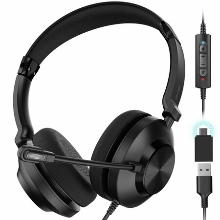 DELTON 32Y Dual Microphone USB Headset, Noise Canceling Stereo Headphone w/ USB-A and Type-C DWH32Y